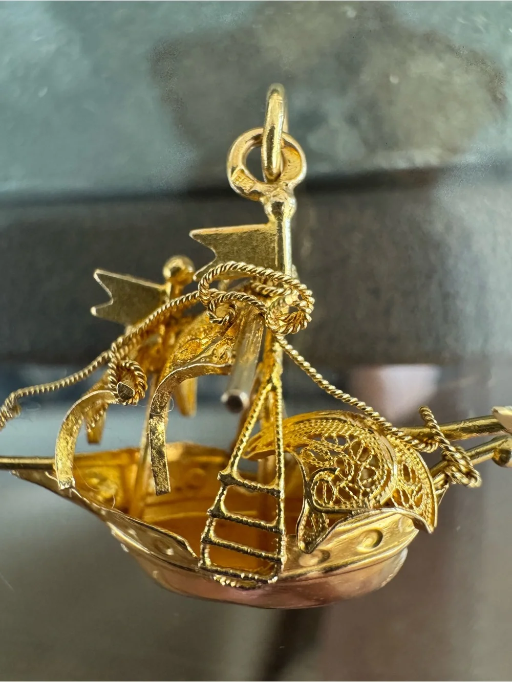 14k stamped acid tested Gold-Tone Ornate Filigree Boat Pendant Necklace Charm